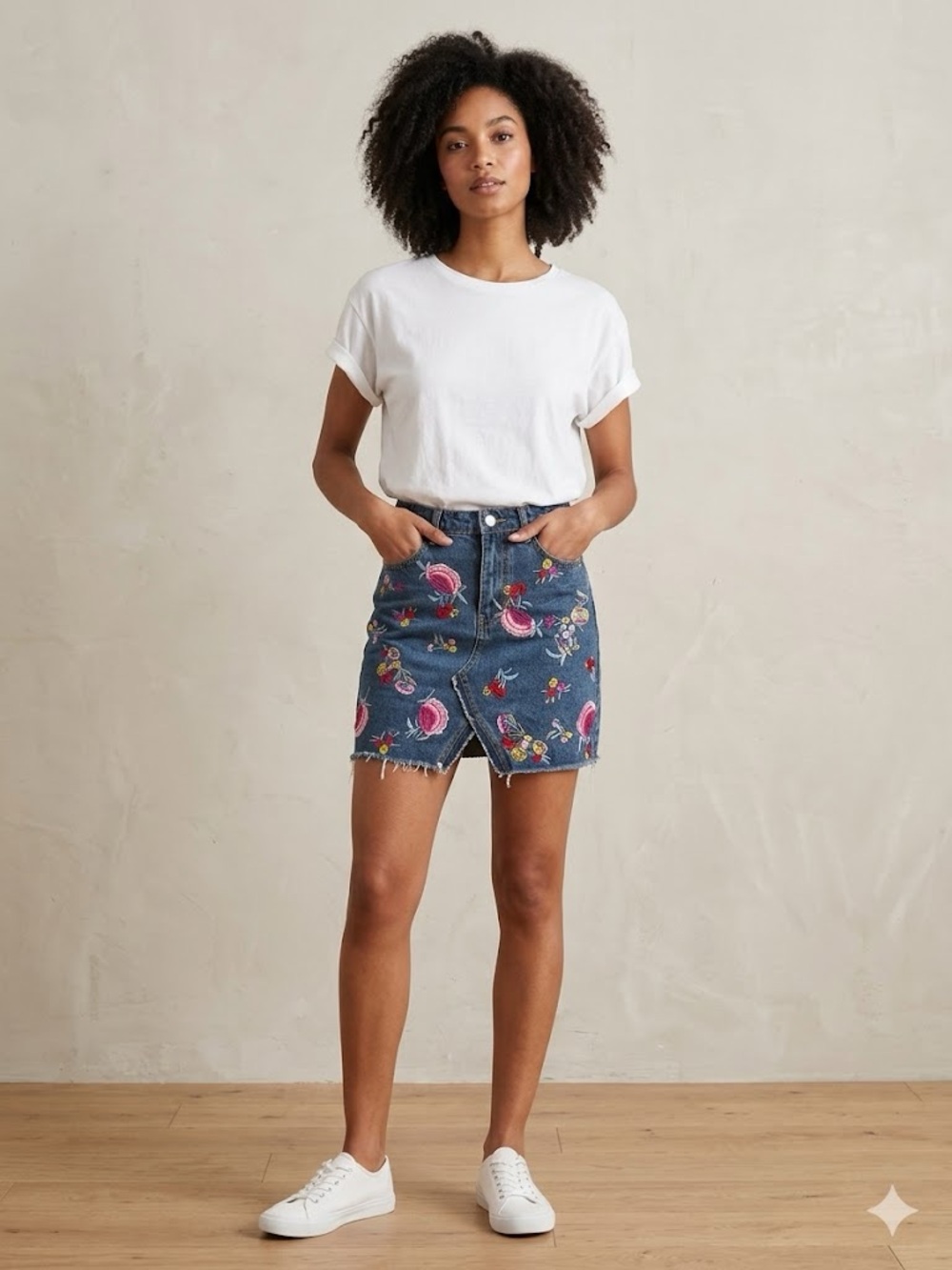 NYLC Blue Denim Floral Embroidered Mini Skirt S Zip Pockets Short Casual